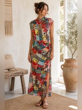 Anthropologie The Maya Ruched CowlNeck Mesh Dress Patchwork Red Midi Dress S NWT